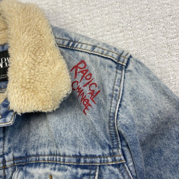 Y2K Zara Denim Punk Emo Goth Graffiti Jacket Sherpa Lined Distressed Men Size S - Picture 6 of 16